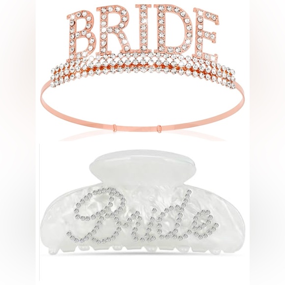 Bride Rose Gold Rhinestone Tiara Claw Clip Bridal Bundle - Picture 1 of 6
